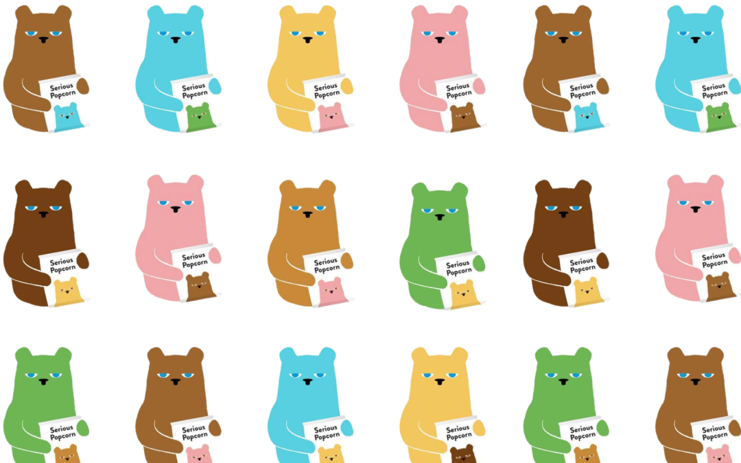 coloured serious bear mascots holding serious popcorn packages